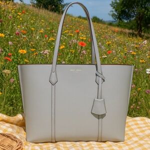 NEW Tory Burch Perry Triple Compartment Bay Gray Leather Large Shopper Tote Bag